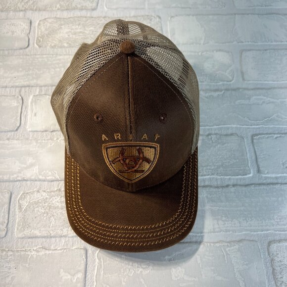 Ariat Hat Embroidered Logo Brown Mesh Back Strapback Adjustable Cowboy Western - Picture 2 of 9